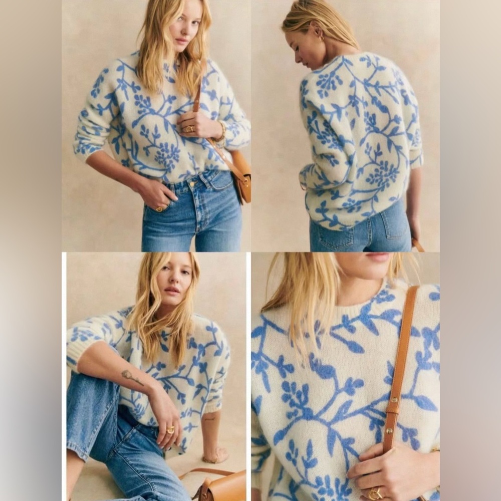 Sézane Pelagie Jumper / Floral Blue and White Sweater - Picture 9 of 9